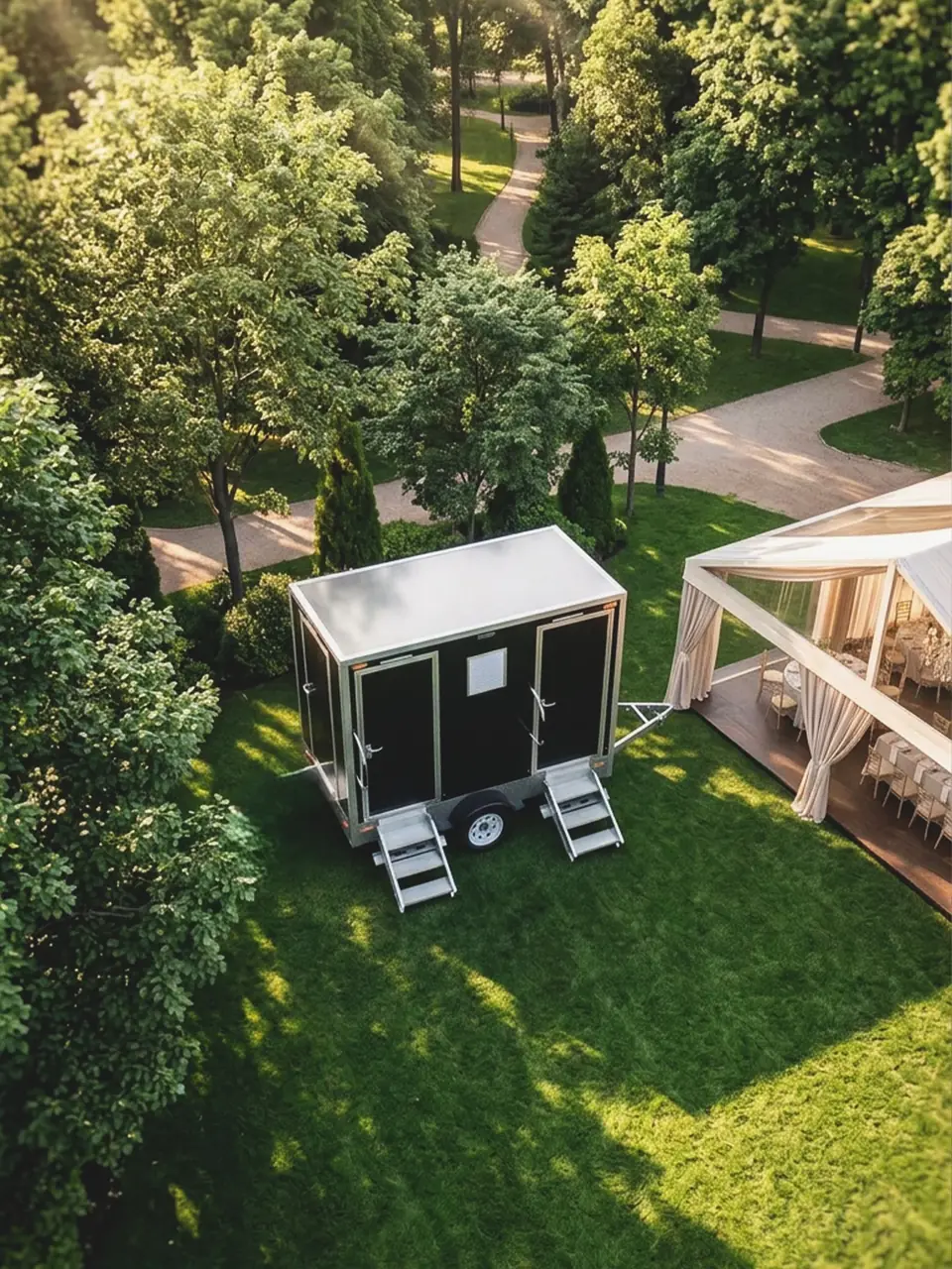 Aerial view of a restroom trailer on a green lawn near a wedding tent